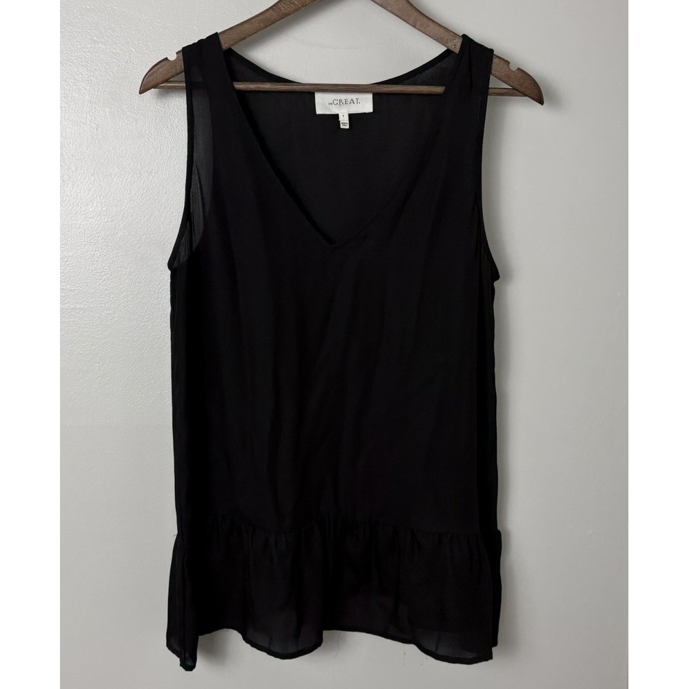 THE GREAT Ruffle Hem Tank Black Silk Womens 2 M/L Sleeveless Quiet Luxury